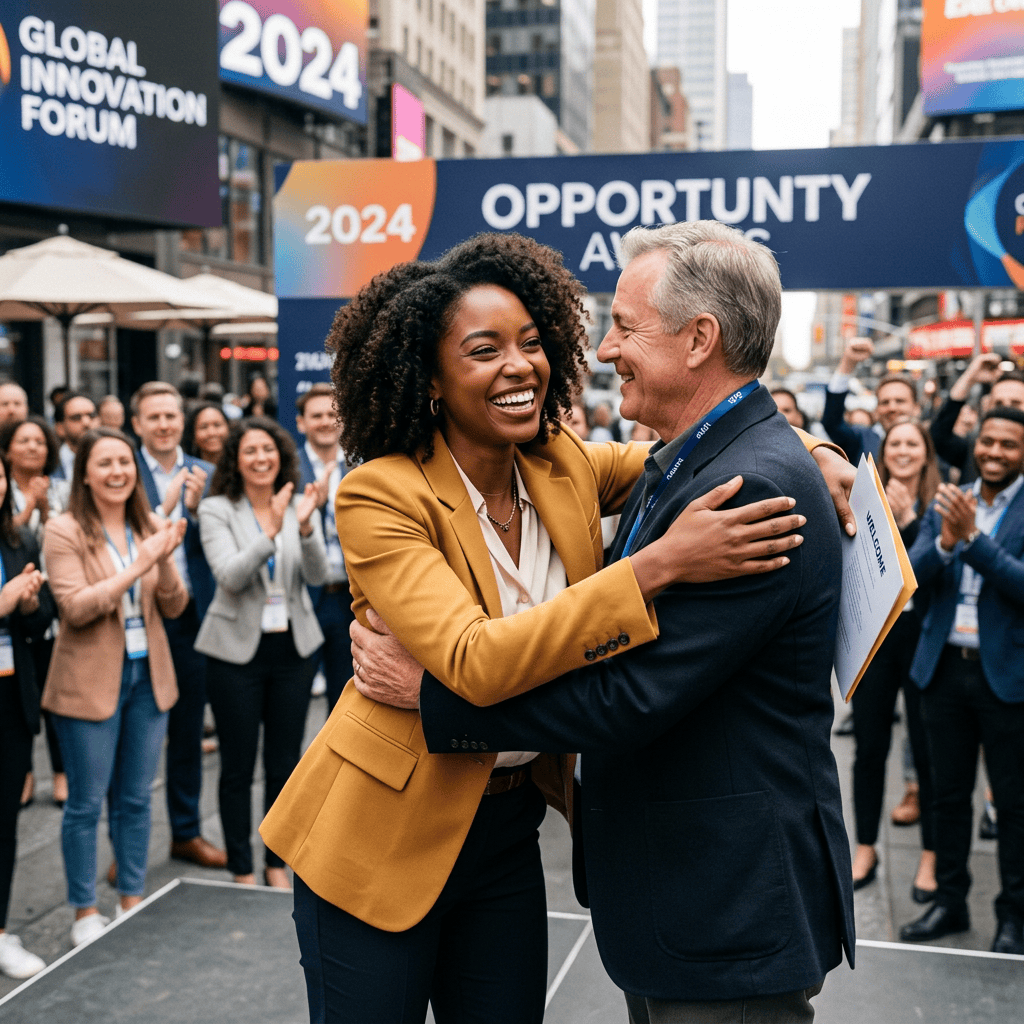 Woman and man embracing on stage at 2024 Global Innovation Forum award event with applauding crowd
