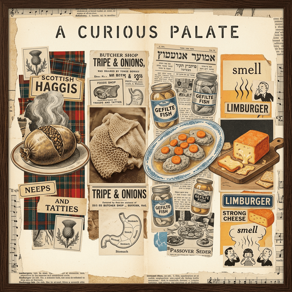 Collage featuring Scottish haggis, tripe and onions, gefilte fish, and Limburger cheese with labels and illustrations.