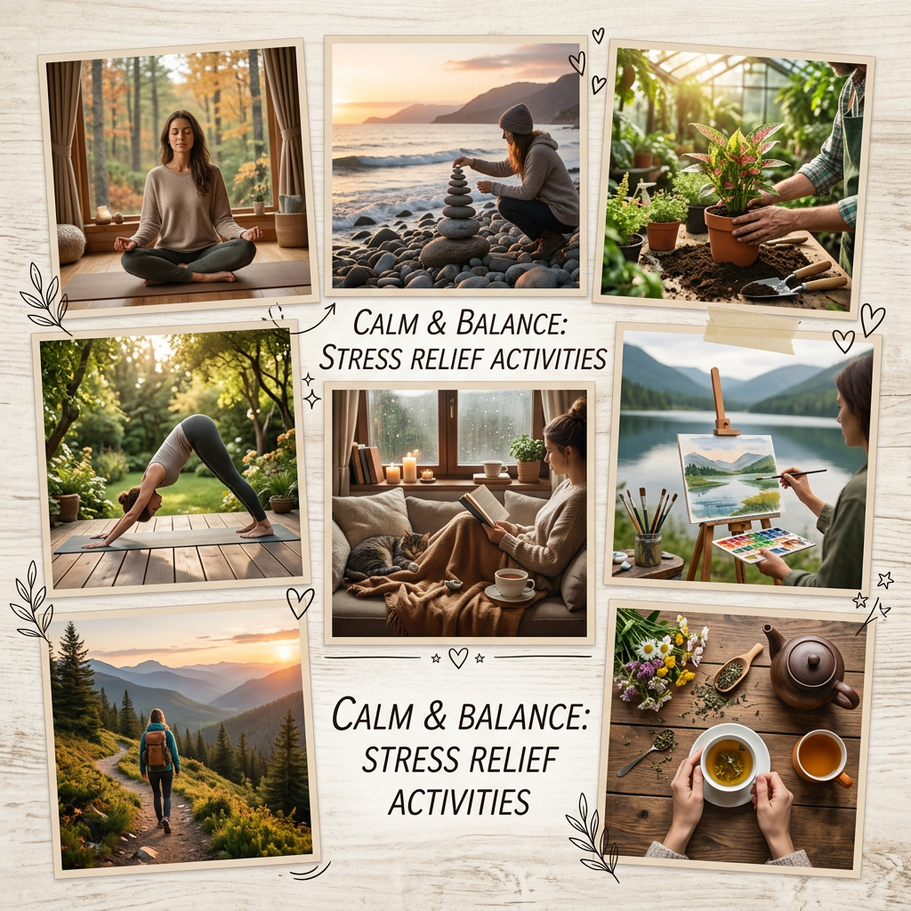 Stress relief activities collage with calming scenes