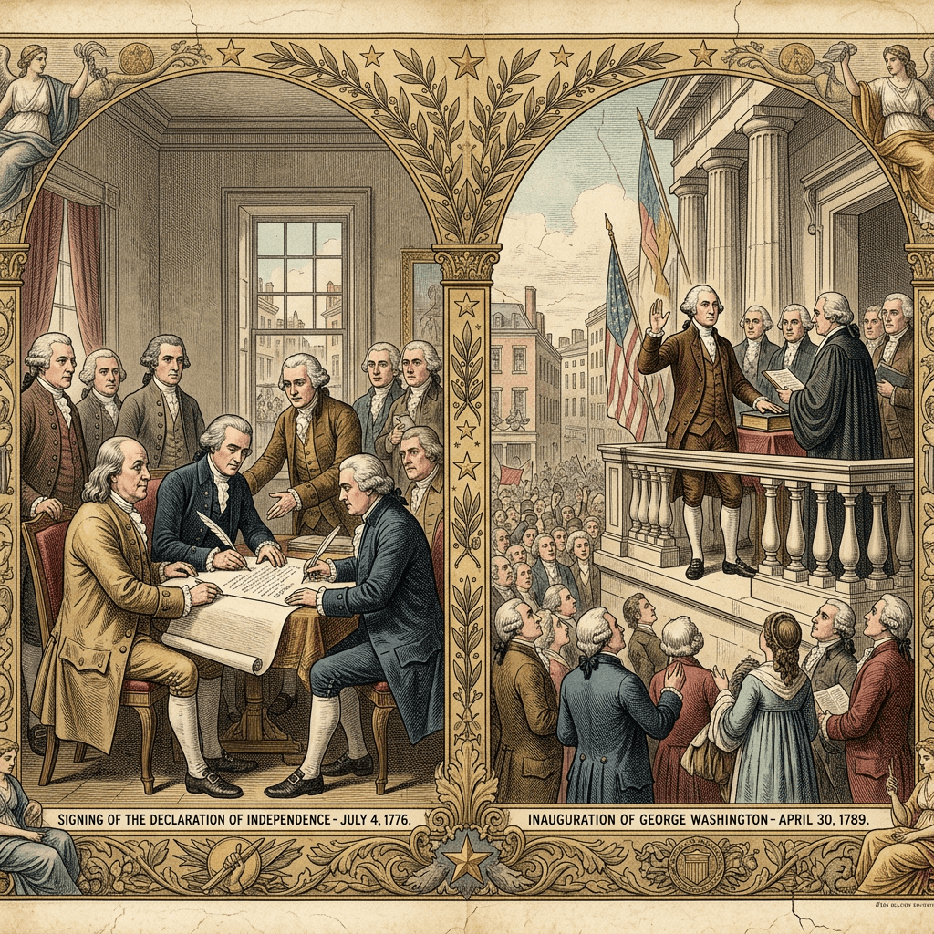 Two historic scenes: signing the Declaration of Independence and George Washington’s inauguration in 1789