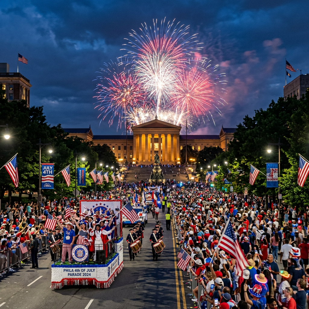 Crowded 4th of July parade in Philadelphia with float, marching band, American flags, and fireworks over museum