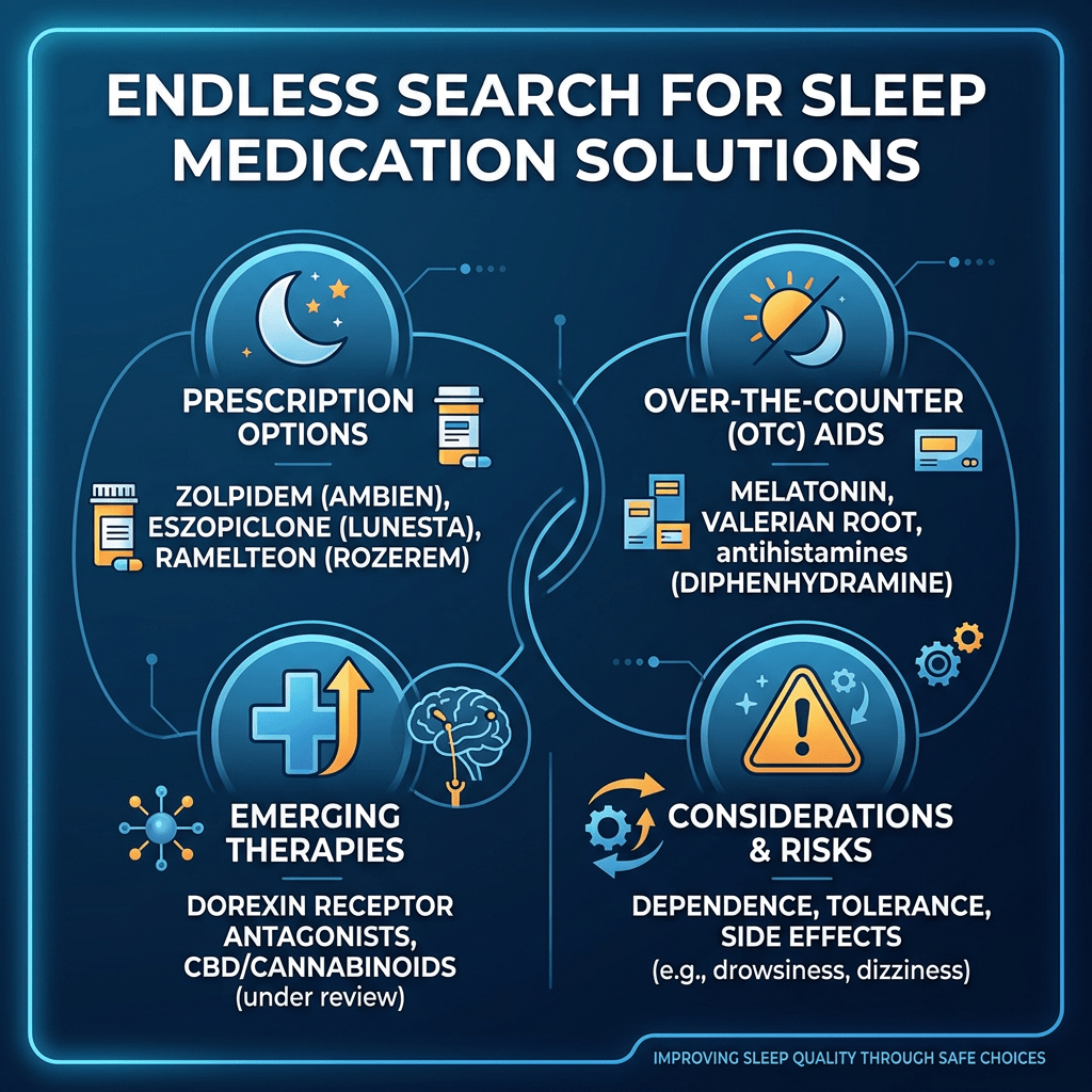 Chart showing sleep medication options: prescription drugs, OTC aids, emerging therapies, and related risks.