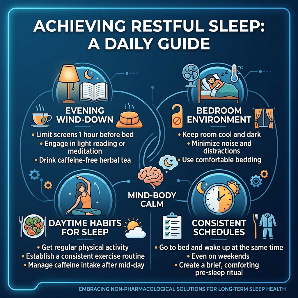 Guide with tips for restful sleep including evening wind-down, bedroom environment, daytime habits, and consistent schedules