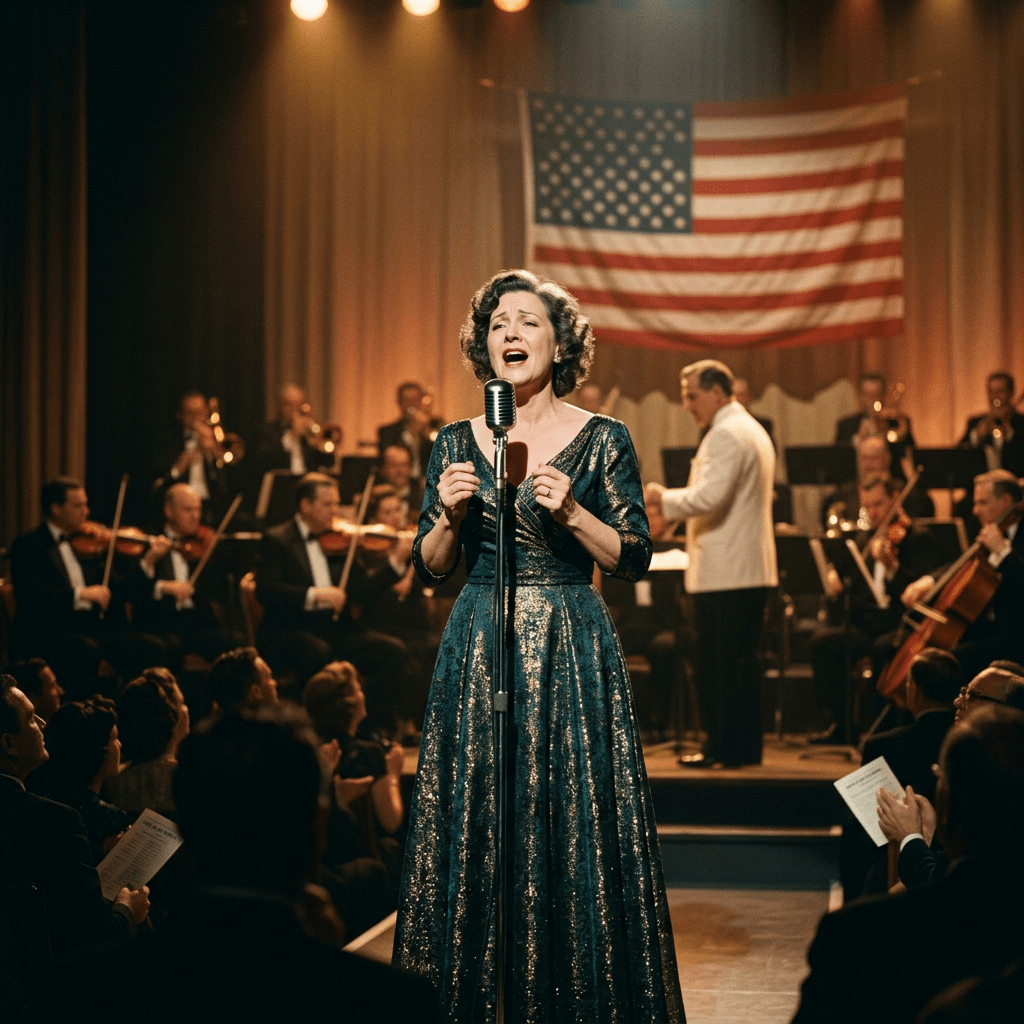 Woman in glittery dress singing into vintage microphone with orchestra and conductor