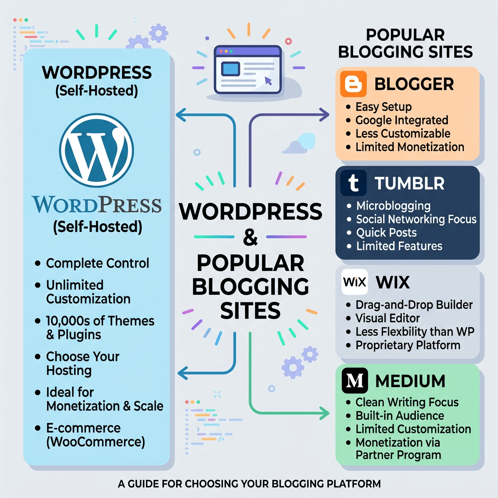 Comparison chart of WordPress self-hosted and popular blogging sites Blogger, Tumblr, Wix, and Medium with key features listed