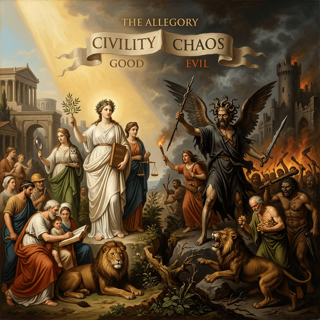 Allegorical scene with figures representing civility and chaos, labeled good and evil