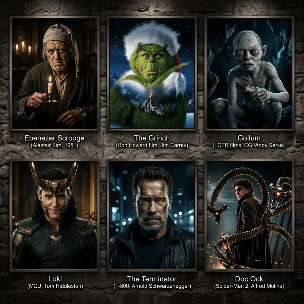 Portraits of Ebenezer Scrooge, The Grinch, Gollum, Loki, The Terminator, and Doc Ock with actor names and film details