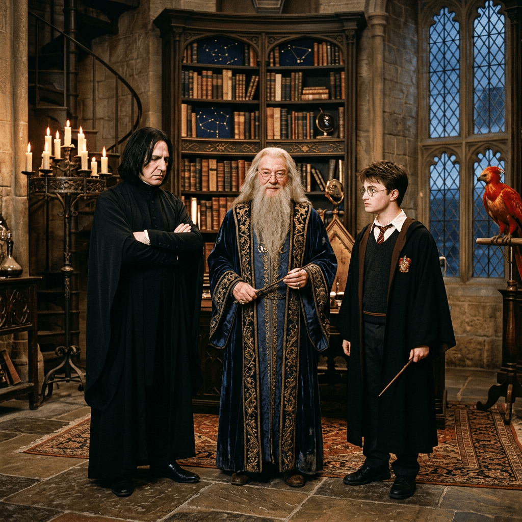 Three wizards standing in a stone library with books and candles, one holding a wand and another a phoenix perched nearby