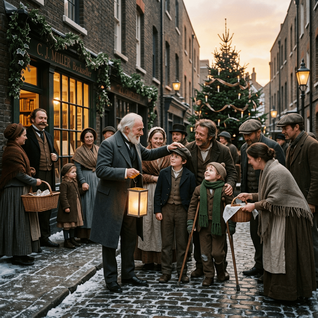 Victorian-era people celebrating Christmas together outside a bookshop with a decorated tree.