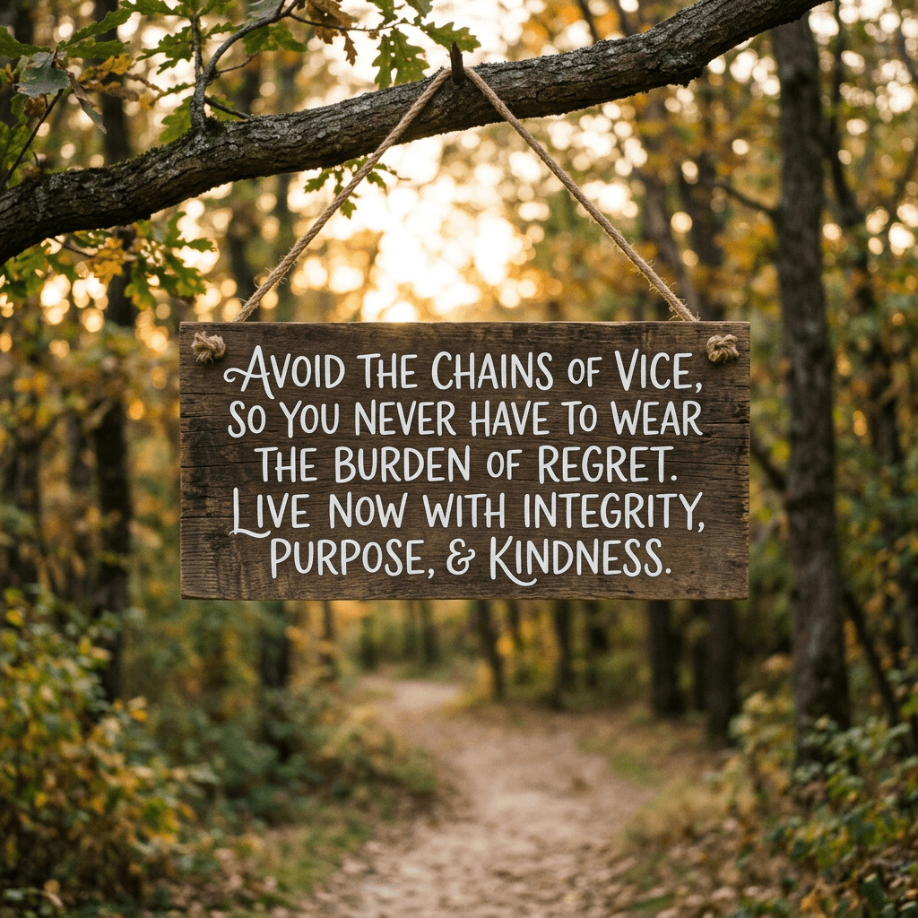 Wooden sign with motivational quote hanging from tree branch in forest