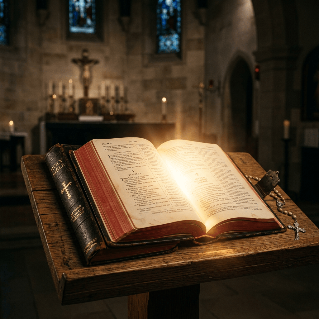 Open Bible with glow on wooden lectern inside church