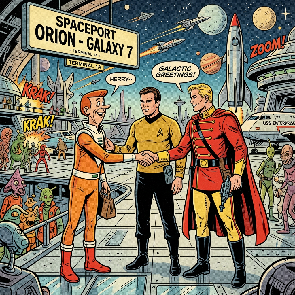 Three sci-fi heroes shaking hands at Orion-Galaxy 7 spaceport with aliens and starships around