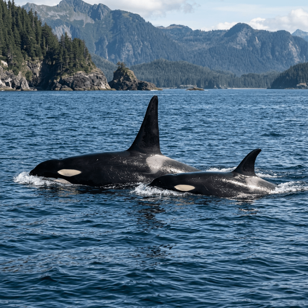 Two orca whales swimming close together in open water near a rocky, forested coastline