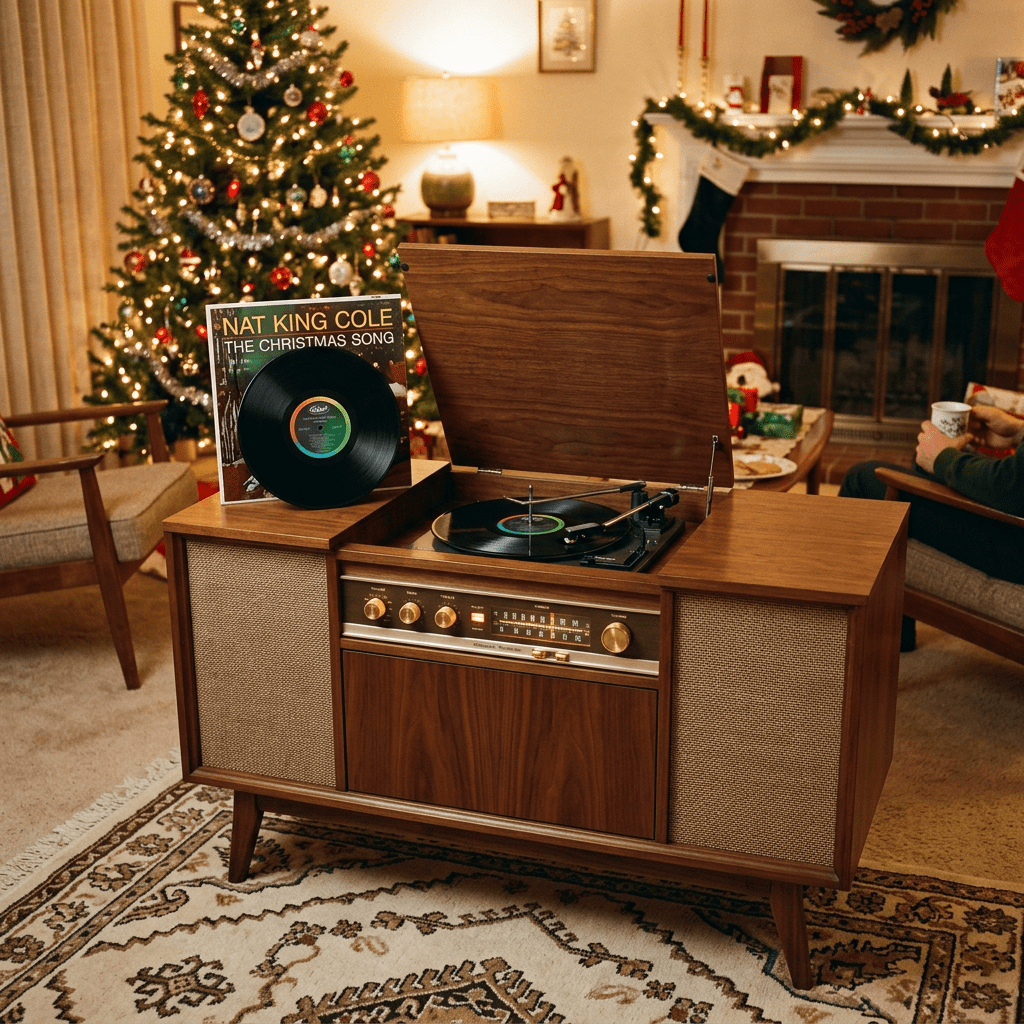 Vintage wooden record player with Nat King Cole vinyl and decorated Christmas tree in background
