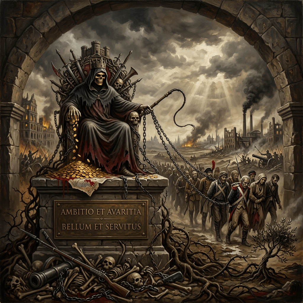 Skeletal figure in dark robes on throne of weapons, gold coins, and skulls, holding chains leading to captives in a ruined war-torn landscape