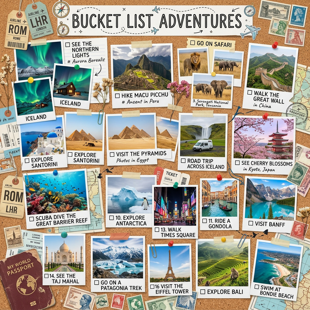 Collage of popular travel destinations with photos and checklist items