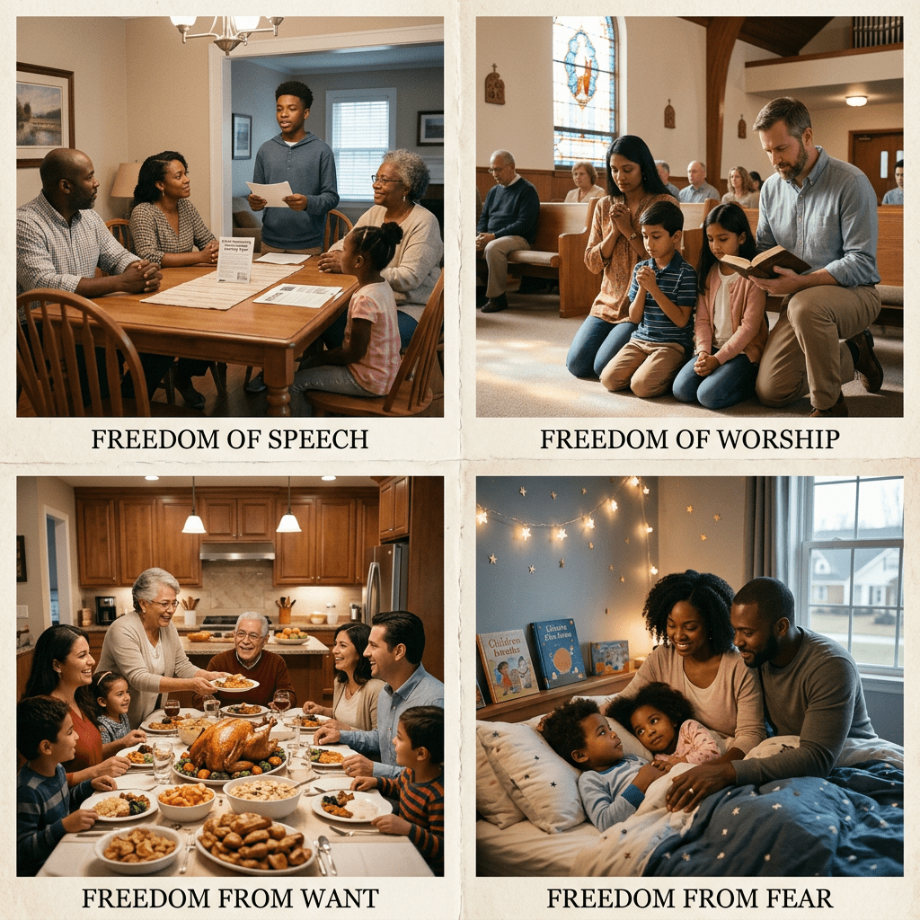Collage of four photos showing families exercising freedoms: speaking at table, praying in church, sharing holiday meal, comforting children in bed.