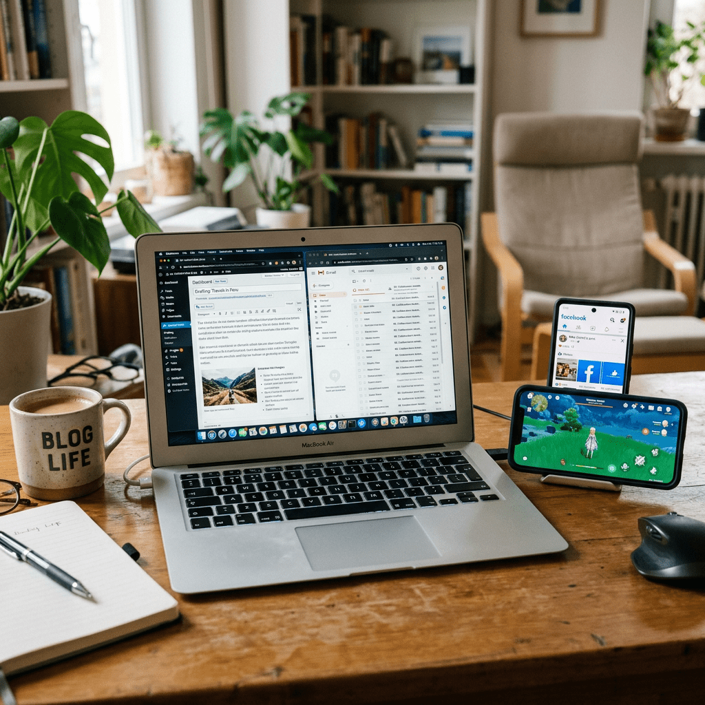 Laptop displaying email and writing app, two smartphones showing social media and a game on a desk