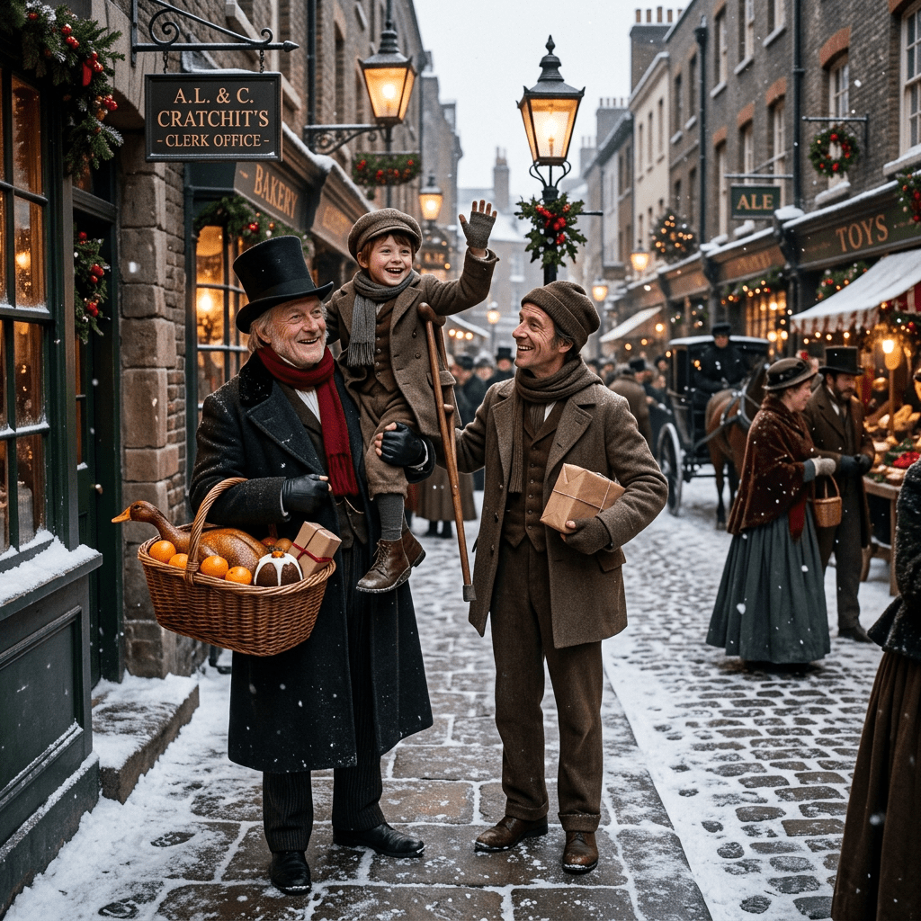 Victorian family smiling on snowy street with Christmas decorations