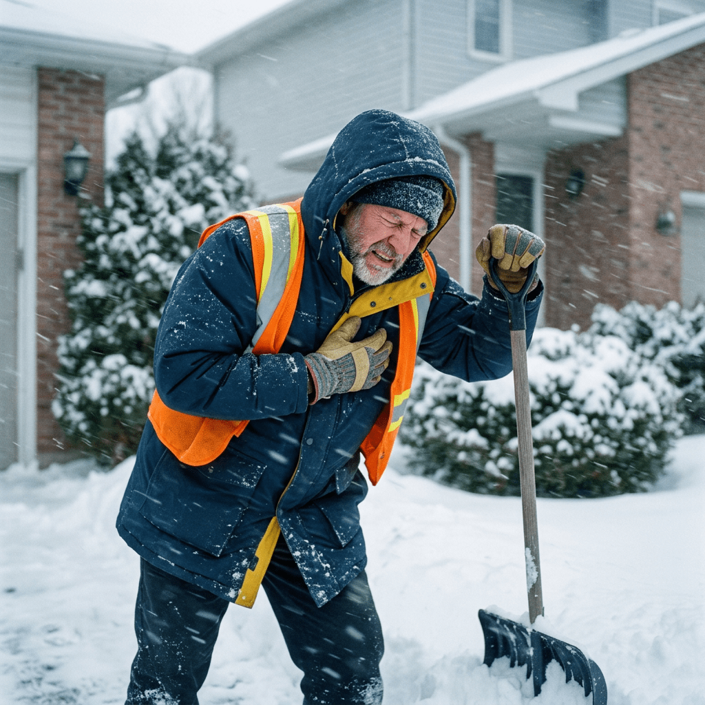 Man in winter jacket and safety vest clutching chest with snow shovel in hand