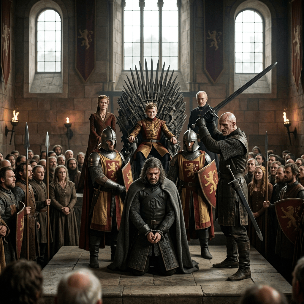 A man kneeling in front of a swordsman holding a raised sword, with a boy on the Iron Throne and guards in medieval attire