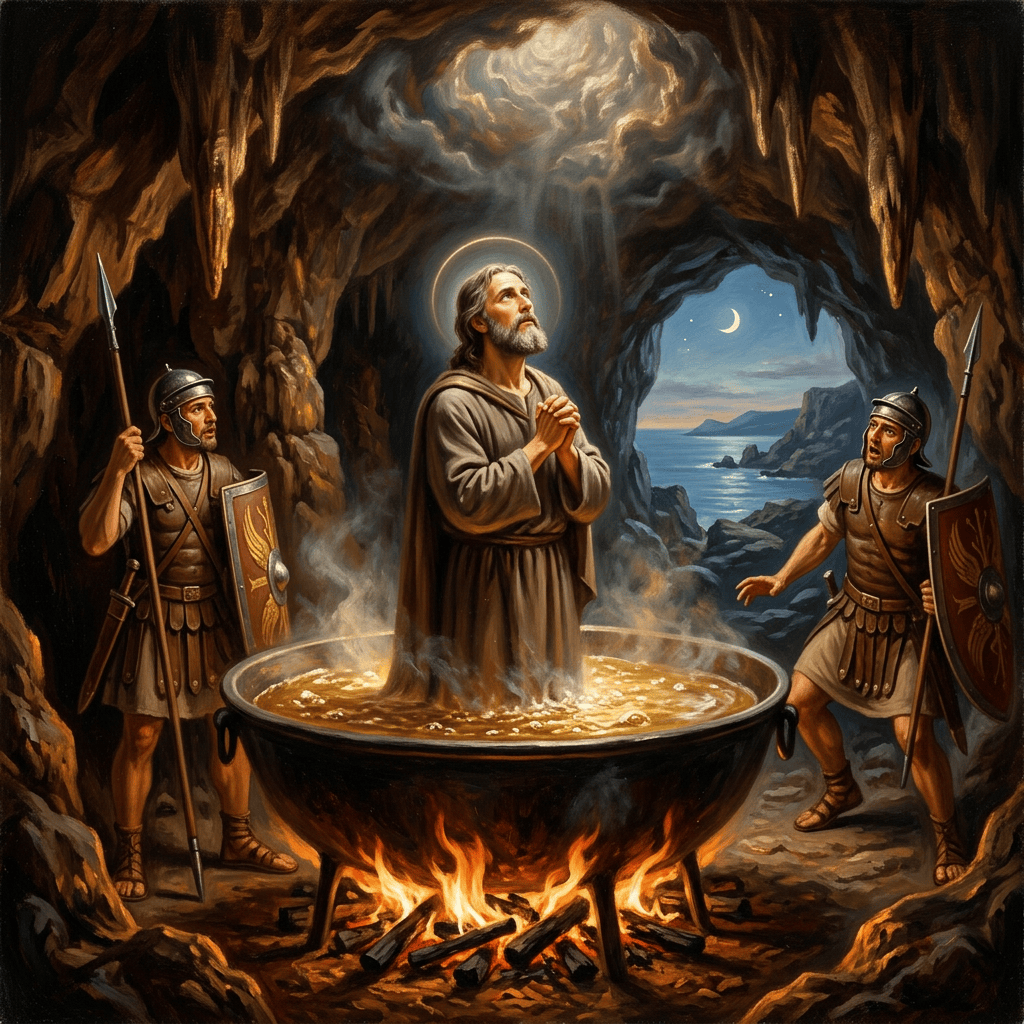 A saint with halo praying in a boiling cauldron surrounded by two Roman soldiers inside a cave