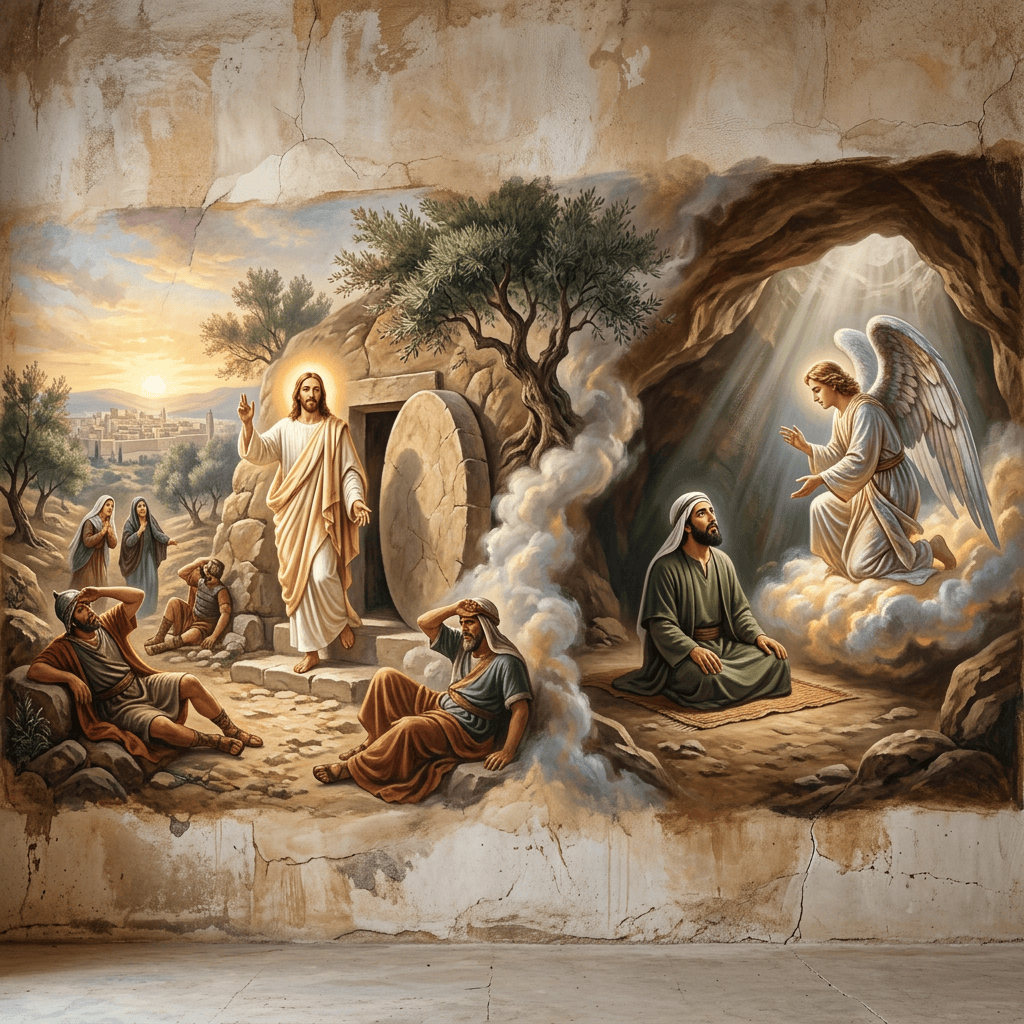 Mural showing Jesus emerging from tomb with stone rolled away and an angel speaking to a man in a cave