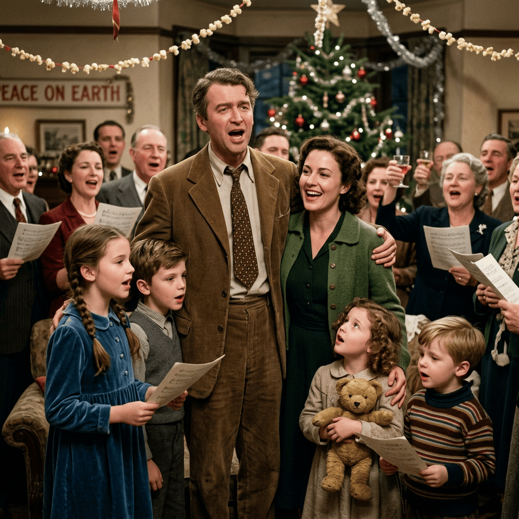 Family and neighbors singing Christmas carols with sheet music and holiday decorations