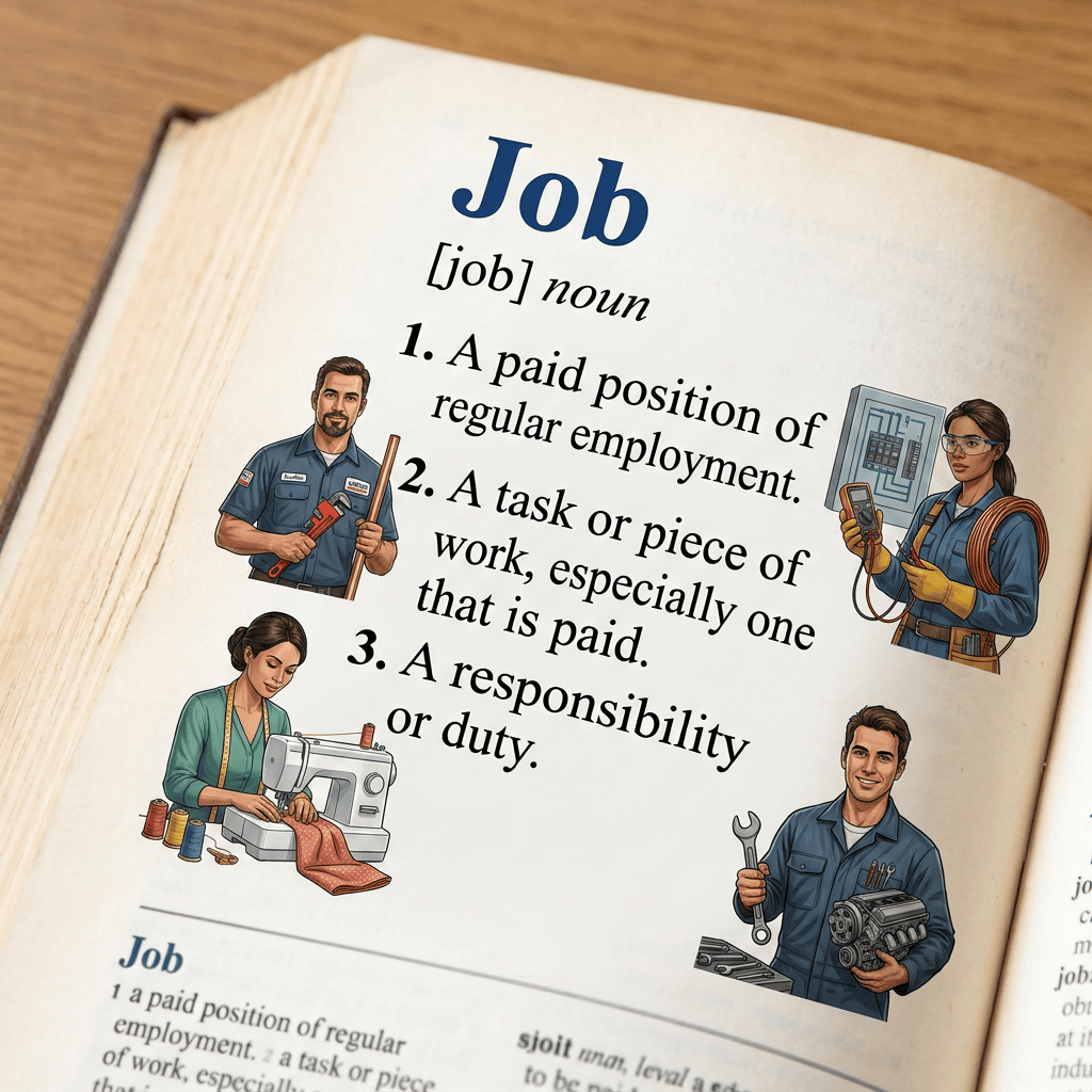 Definition of job as a paid position, task, or responsibility with illustrations of a chef, engineer, doctor, and businessman.