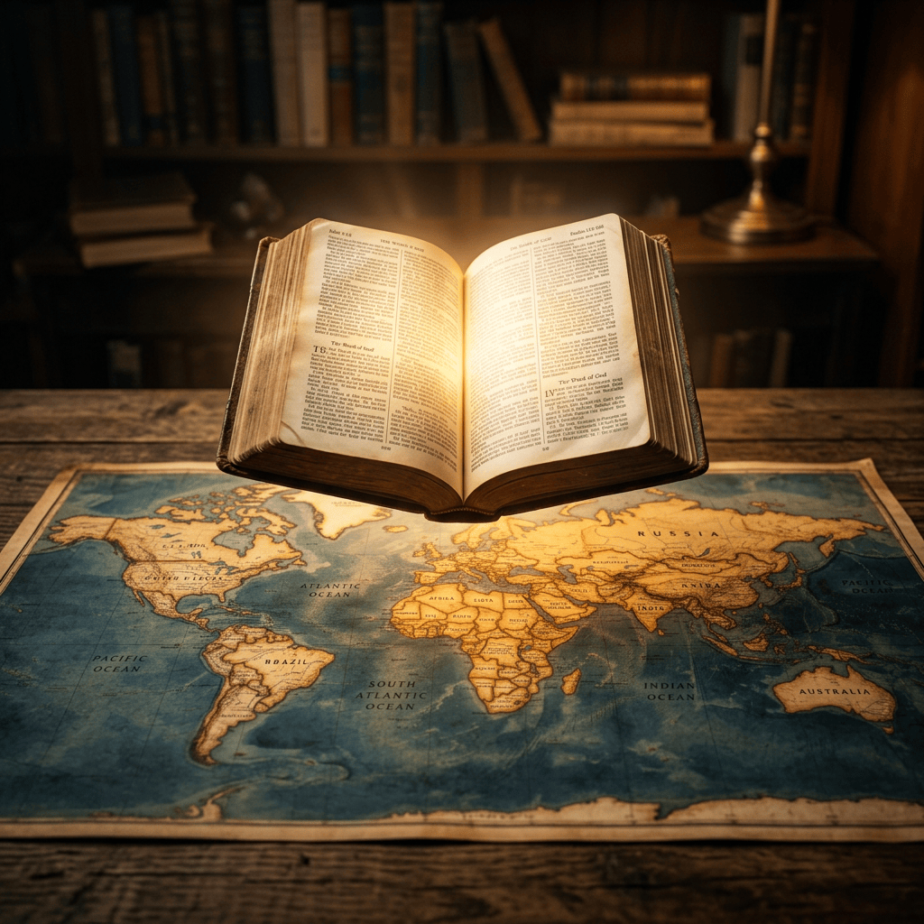 Open old book glowing above a vintage world map on wooden surface