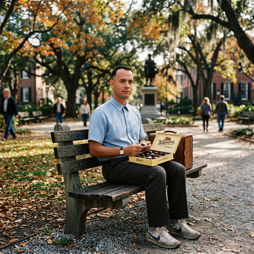 Man sitting on bench in park holding box of Whitman's chocolates