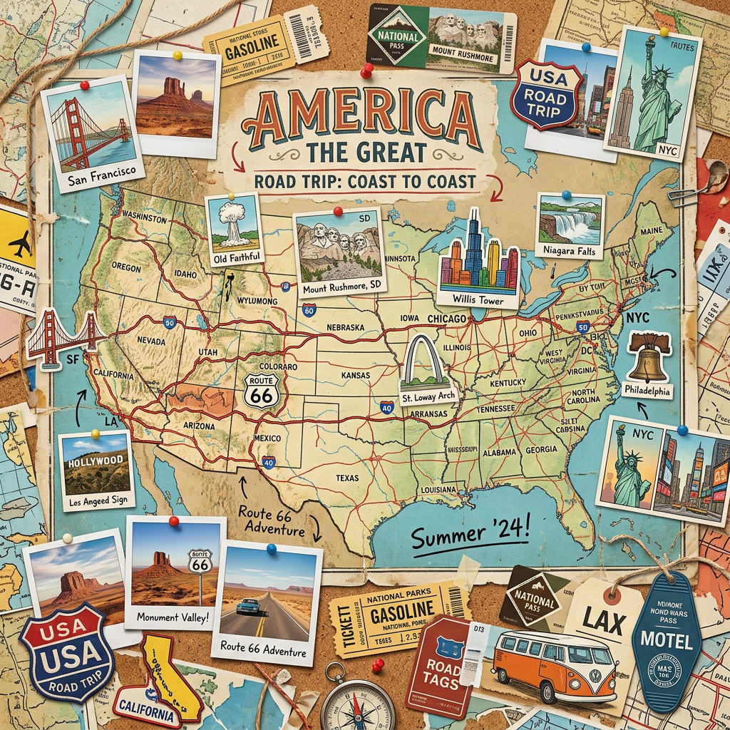Map of USA with marked landmarks including Golden Gate Bridge, Mount Rushmore, Willis Tower, Niagara Falls, and Route 66 path