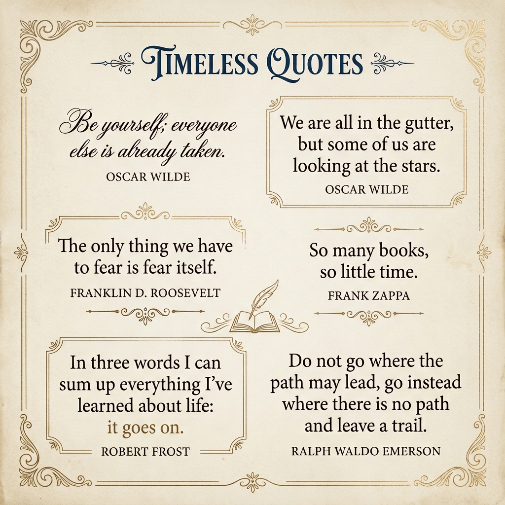 Inspirational quotes from Oscar Wilde, Franklin D. Roosevelt, Frank Zappa, Robert Frost, and Ralph Waldo Emerson