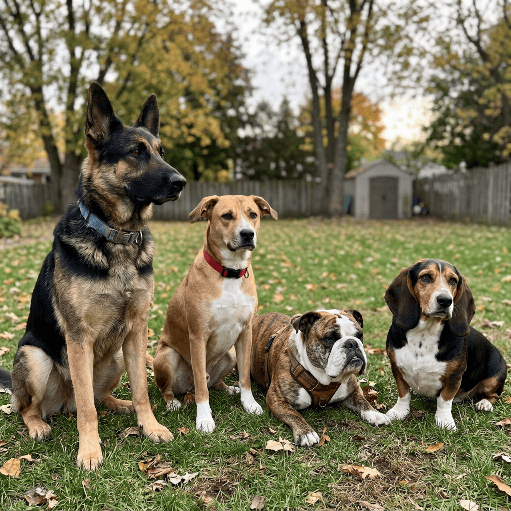 German shepherd, mixed breed tan dog, bulldog, and beagle sitting and lying on grass in a fenced backyard with autumn leaves.