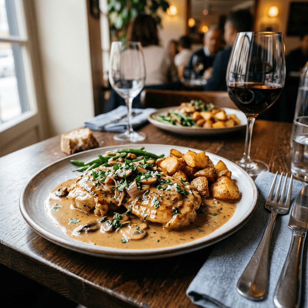 Plate with chicken in mushroom sauce, roasted potatoes, green beans, and a glass of red wine