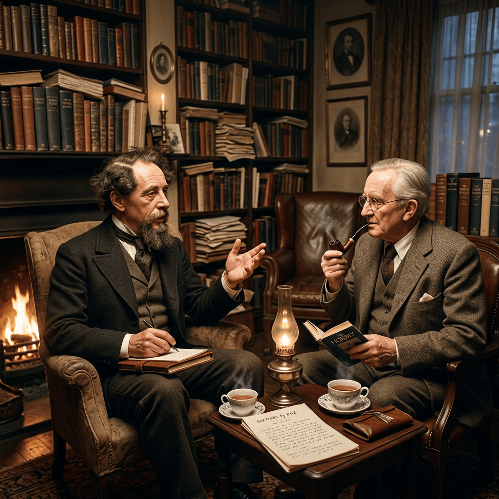 Two men in vintage suits sit in a library, one writing in a notebook, the other smoking a pipe and holding a book titled The Hobbit.