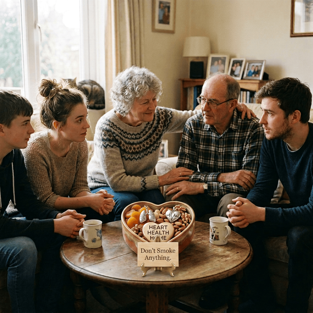 Five family members sitting and talking around a wooden table with tea cups and biscuits in a cozy living room