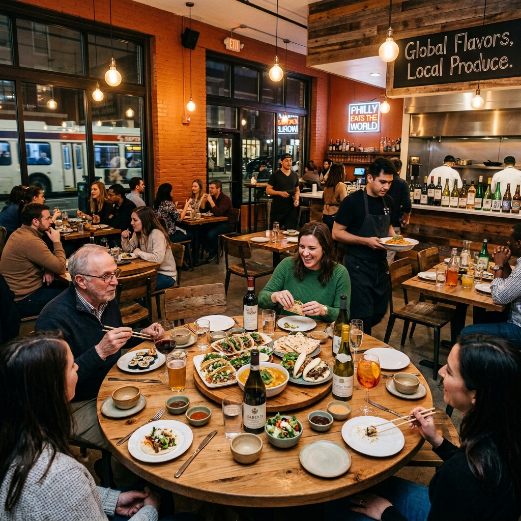 Group of people eating diverse dishes at a round table in a bustling restaurant