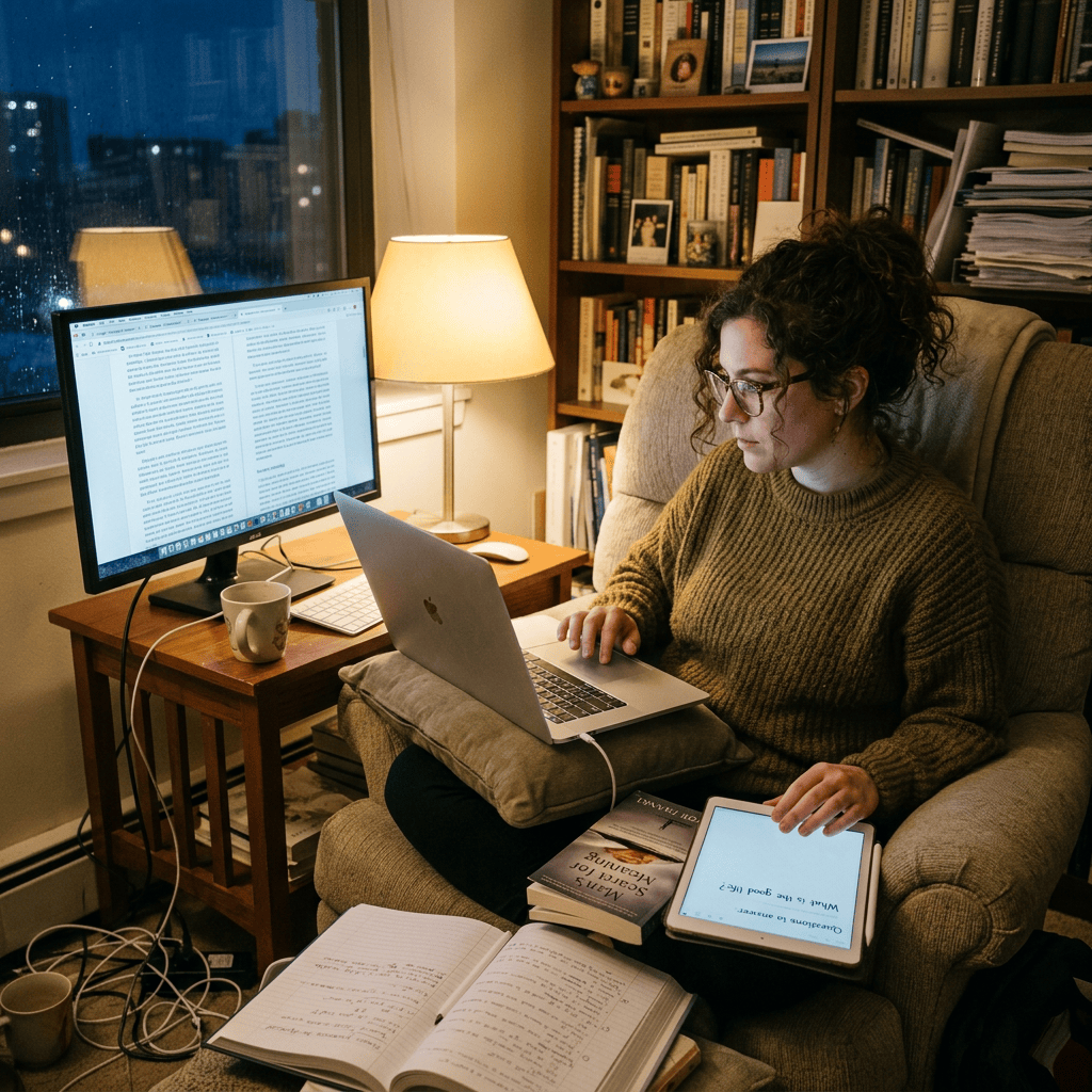 Person working on laptop with tablet and open books in a warm study space