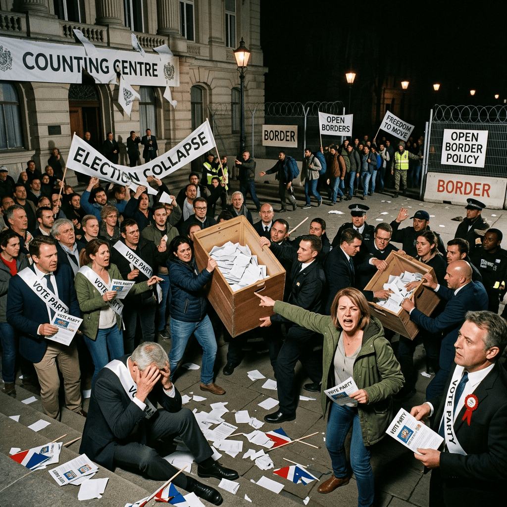 Crowd protesting outside election counting center with banners about borders and election collapse