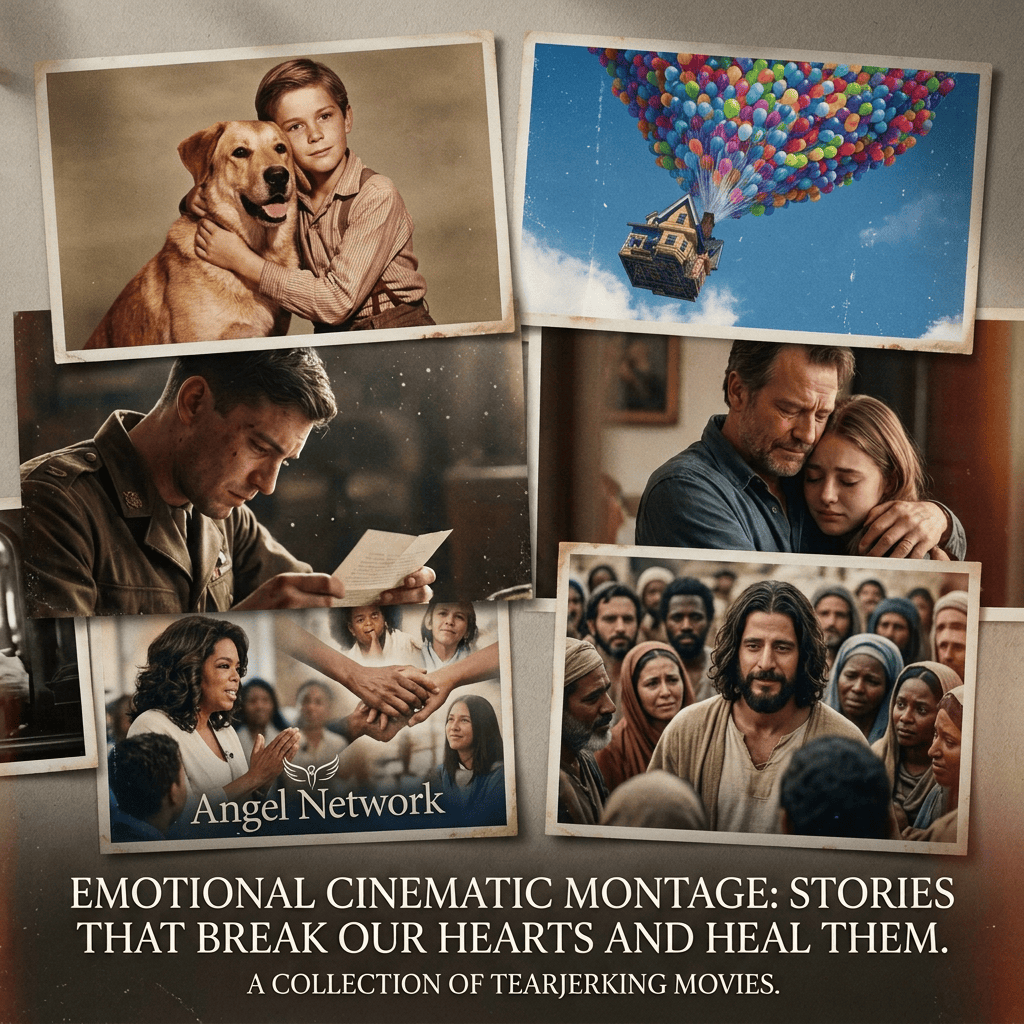 Collage of emotional scenes with text: "EMOTIONAL CINEMATIC MONTAGE: STORIES THAT BREAK OUR HEARTS AND HEAL THEM. A COLLECTION OF TEARJERKING MOVIES."