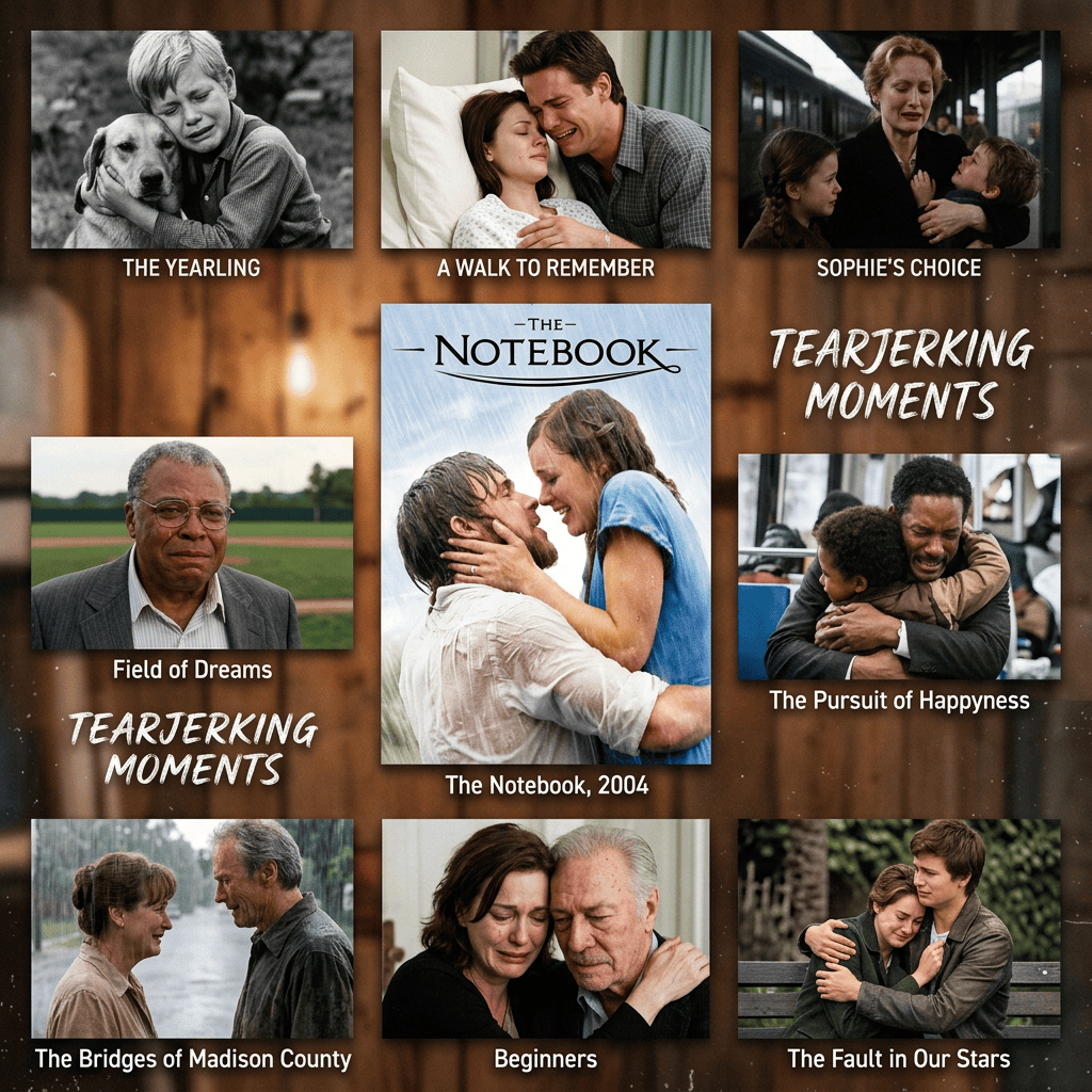 Collage labeled THE YEARLING, A WALK TO REMEMBER, SOPHIE'S CHOICE, THE NOTEBOOK, FIELD OF DREAMS, THE PURSUIT OF HAPPYNESS, THE BRIDGES OF MADISON COUNTY, BEGINNERS, and THE FAULT IN OUR STARS, with TEARJERKING MOMENTS and The Notebook, 2004.