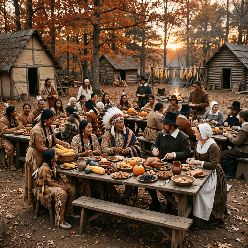 People sharing a harvest feast beside log cabins in an autumn woodland