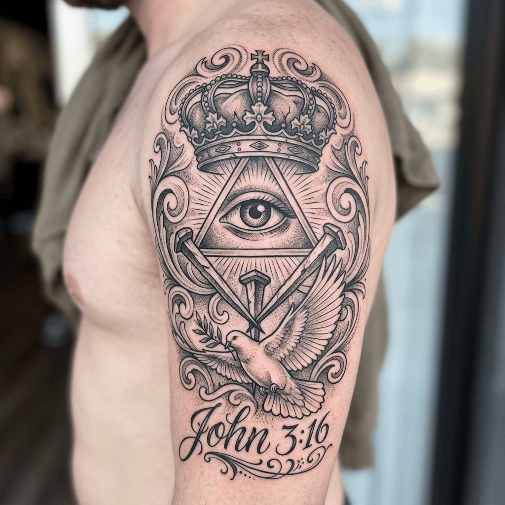 Upper-arm tattoo featuring a crown, eye, dove, and John 3:16