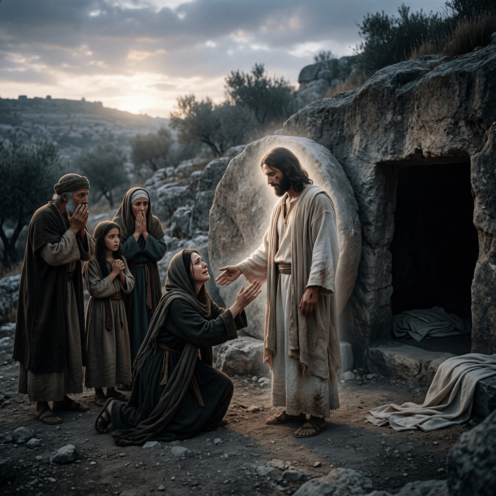 Jesus-like figure stands beside a tomb as a kneeling woman reaches toward him.