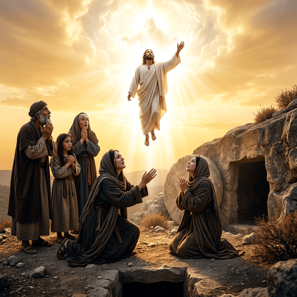 Jesus-like figure stands beside a tomb as a kneeling woman reaches toward him.