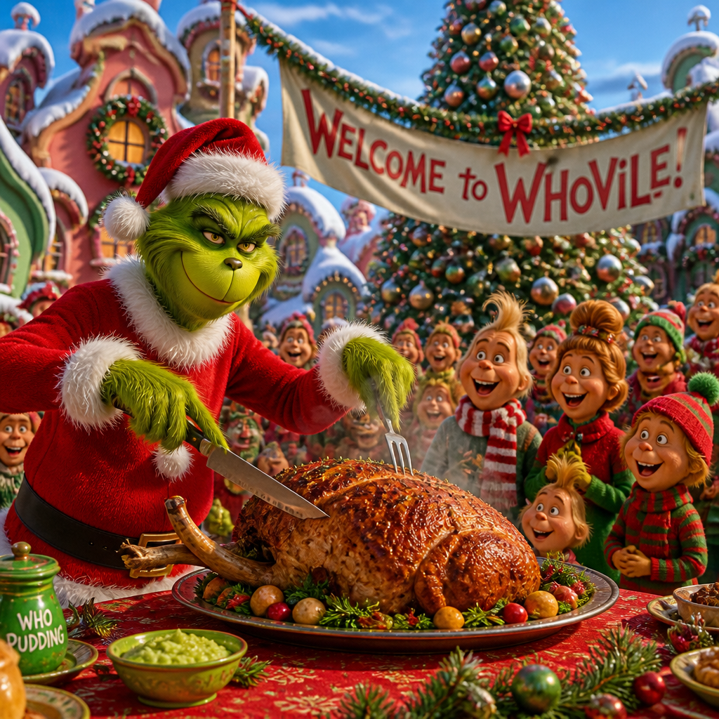 Grinch carving a roast beneath a Welcome to WhoVille banner