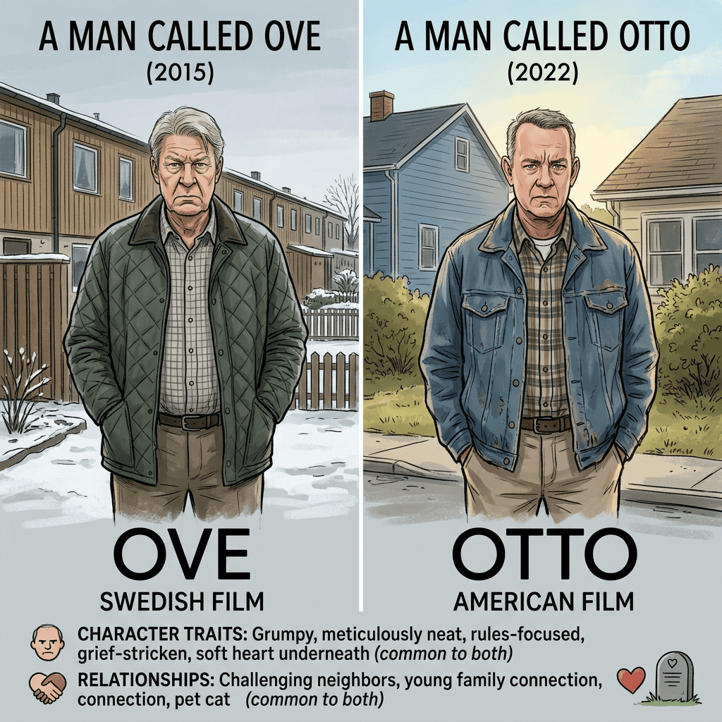 Split comparison graphic: A Man Called Ove (2015), Swedish film, and A Man Called Otto (2022), American film. Both characters are grumpy, meticulously neat, rules-focused, grief-stricken, with a soft heart underneath. Relationships include challenging neighbors, young family connection, and pet cat. Ove and Otto.
