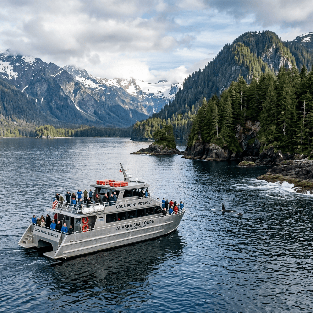 Alaska Sea Tours boat with passengers and an orca near snow-capped mountains