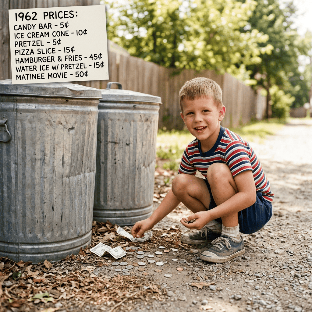 Six-year-old finding money near trash cans in 1962